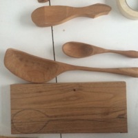 Jennifer Poueymirou, Spoons, cherry wood, 2014. Big: 15" x 3" x 1". Small: 8 3/4 x 1 3/4 x 1 in. Courtesy of Jennifer Poueymirou