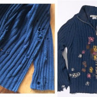 Left: Moth-eaten knit sweater, 2017. Photograph by Kate Sekules. Right: Detail of moth-eaten knit sweater mended by Kate Sekules with multicolor darn technique, 2021. Photograph by Kate Sekules.