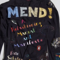 The front cover of Kate’s book, MEND! A Refashioning Manual and Manifesto, published September 2020 by Penguin. Photograph by Cathy Crawford. Cover design by Tal Goretsky. Stitching by Kate Sekules. Courtesy of Kate Sekules.