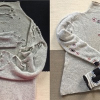 Left: Mouse-eaten sweater, February 2020. Photograph by Kate Sekules. Right: Kate Sekules, Mouse-eaten sweater mended with endoskeleton technique, March 2020. Photograph by Kate Sekules.