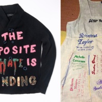 Left: Kate Sekules, “The Opposite of Hate is Mending,” embroidered and mended sweater, 2018. Photograph by Kate Sekules. Right: Kate Sekules, embroidered and mended “Sew Her Name” dress based on the Say Her Name movement, led by Kimberlé Crenshaw and the African American Policy Forum, 2020–present. Photograph by Kate Sekules.