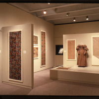Installation view of Printed Textiles 1760-1860 in the Collection of the Cooper-Hewitt Museum, 1987, featuring pressure-mounted and flat textiles and a dressed mannequin, Cooper Hewitt, Smithsonian Design Museum